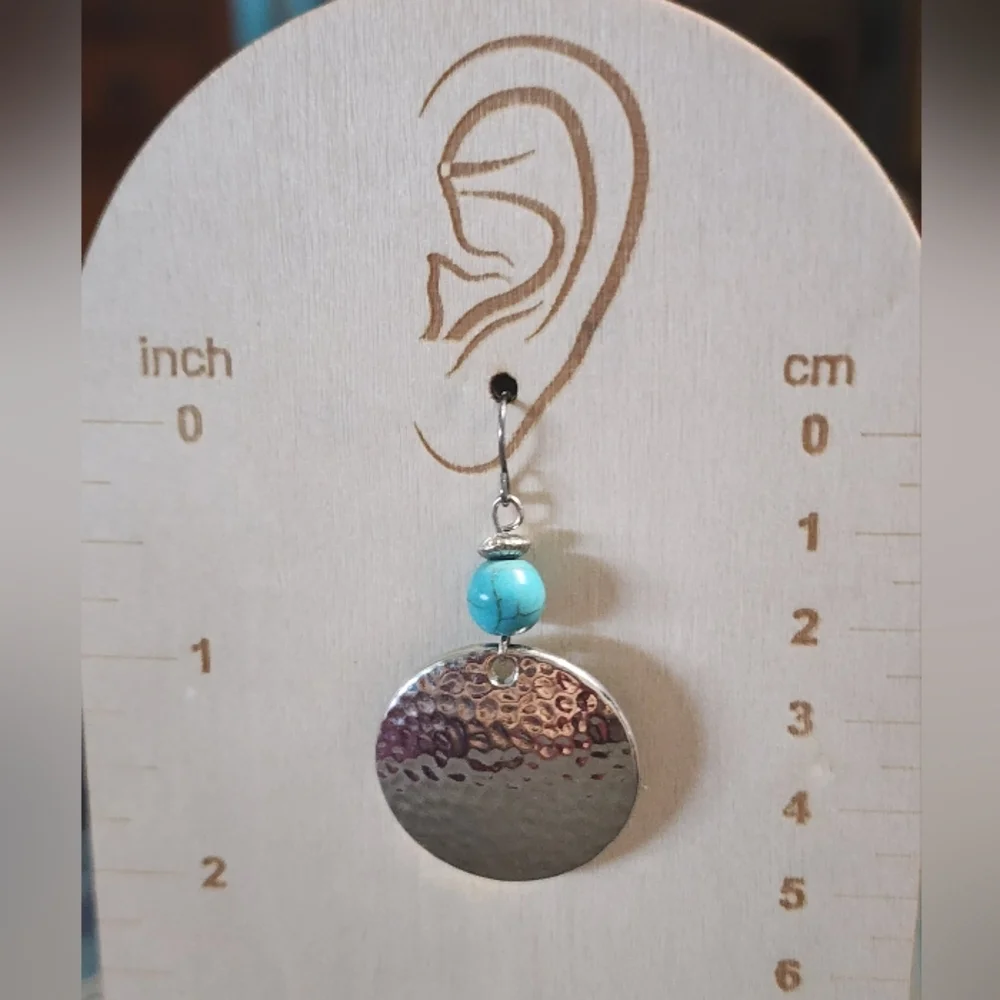 Silvertone Hammered Disc Turquoise Bead Dangle Earrings